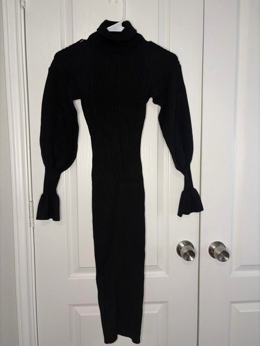 Black Ribbed Turtleneck Midi Dress with Bell Sleeve